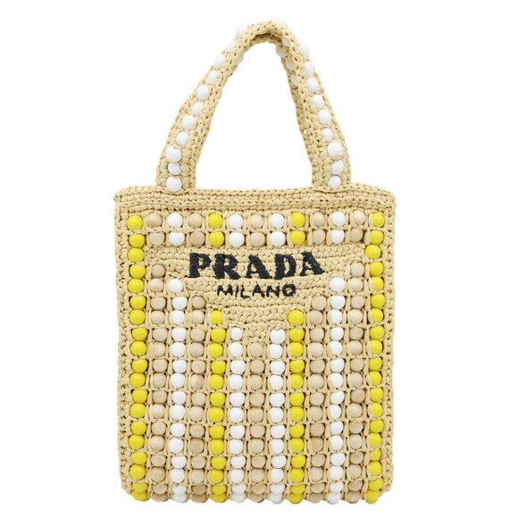 Prada  Embroidered Logo Raffia Wood Bead Tote Bag Multicolor - Picture 1 of 12